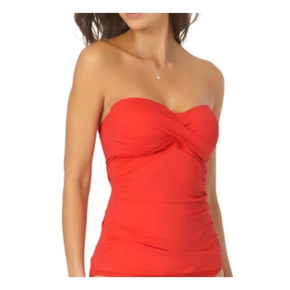 Anne Cole Twist Front Bandeau Tankini Swim Top XS Coral - Picture 2 of 10